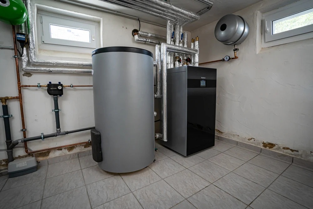 Heizraum mit Speicher, Rohrleitungen und Wärmepumpentechnik